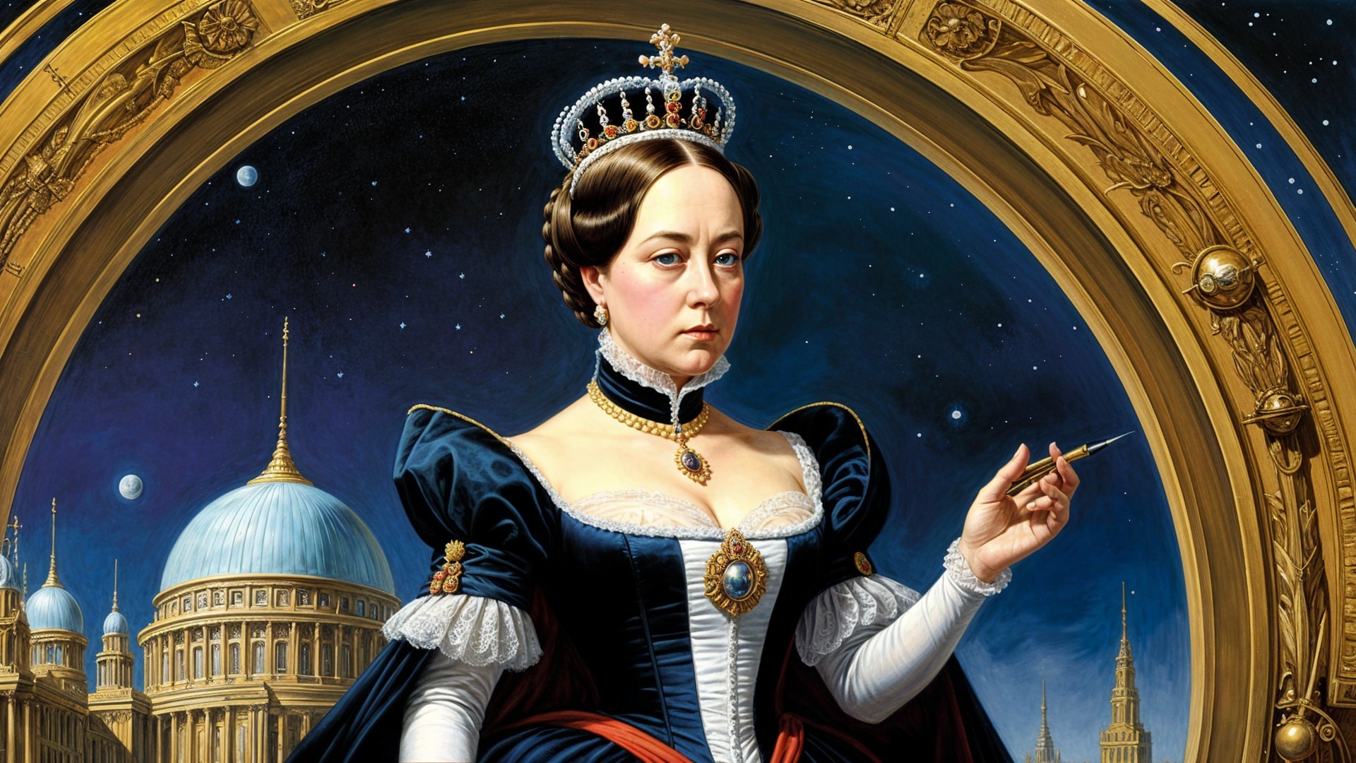 Regal Woman in Elegant Blue Gown with Crown and Stars
