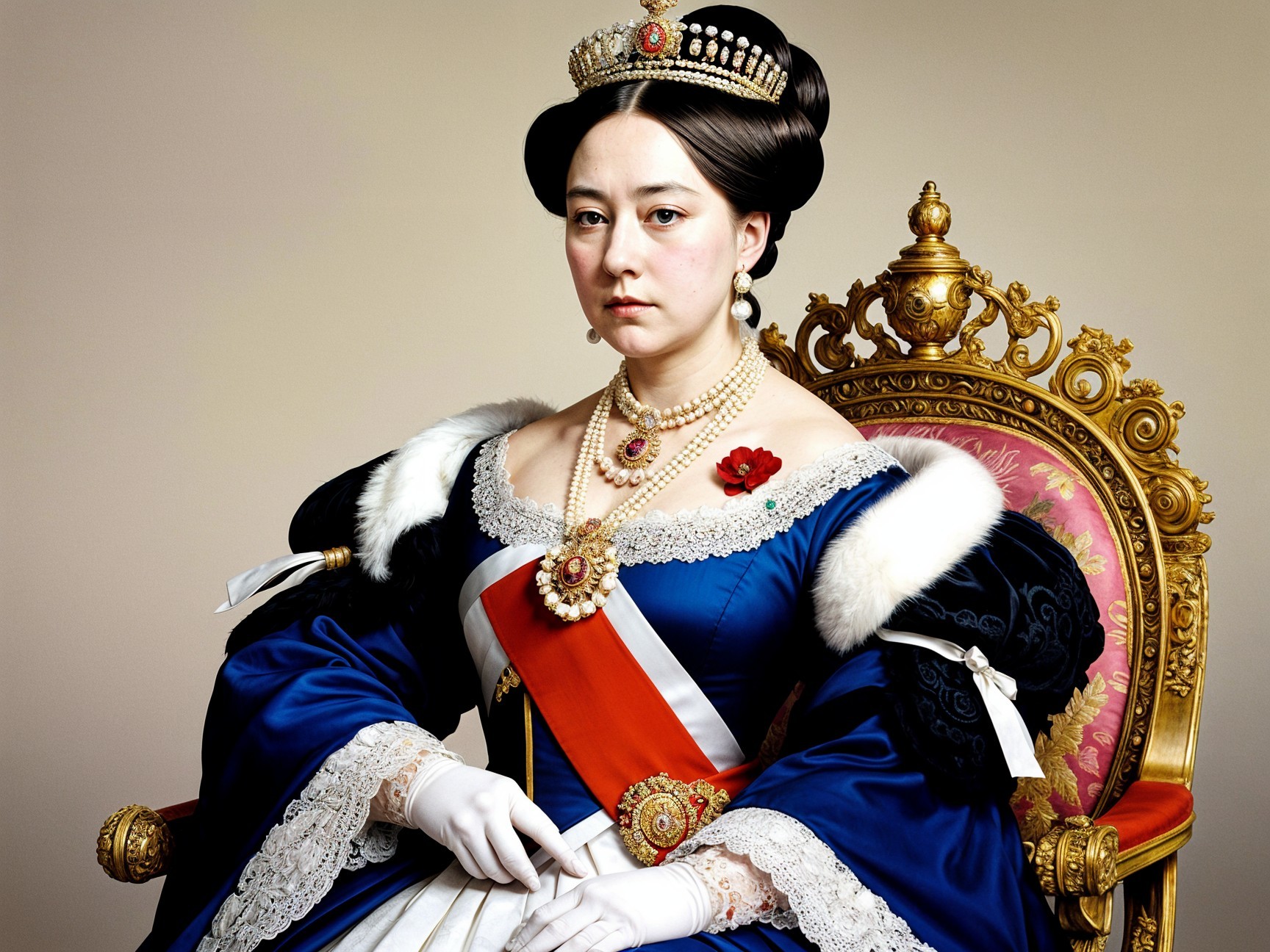 Regal Woman in Blue Gown on Ornate Golden Chair