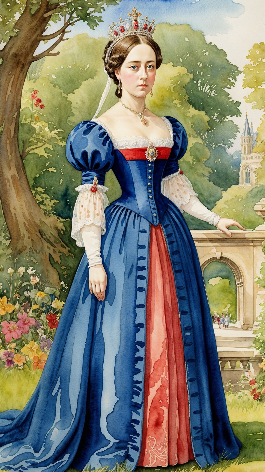 Regal Woman in Elegant Gown in Lush Garden Setting