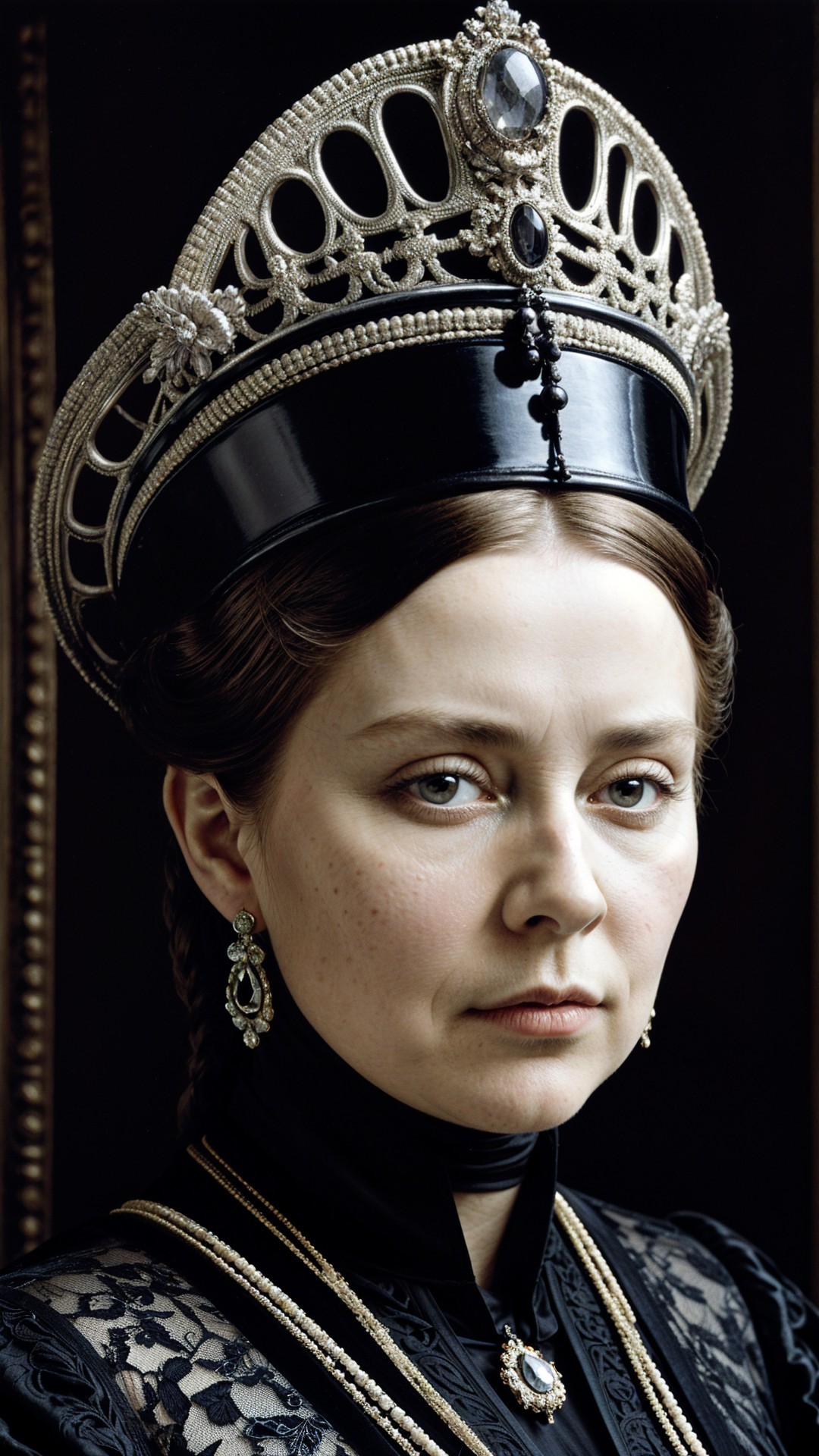 Regal figure in black attire with intricate crown and jewelry