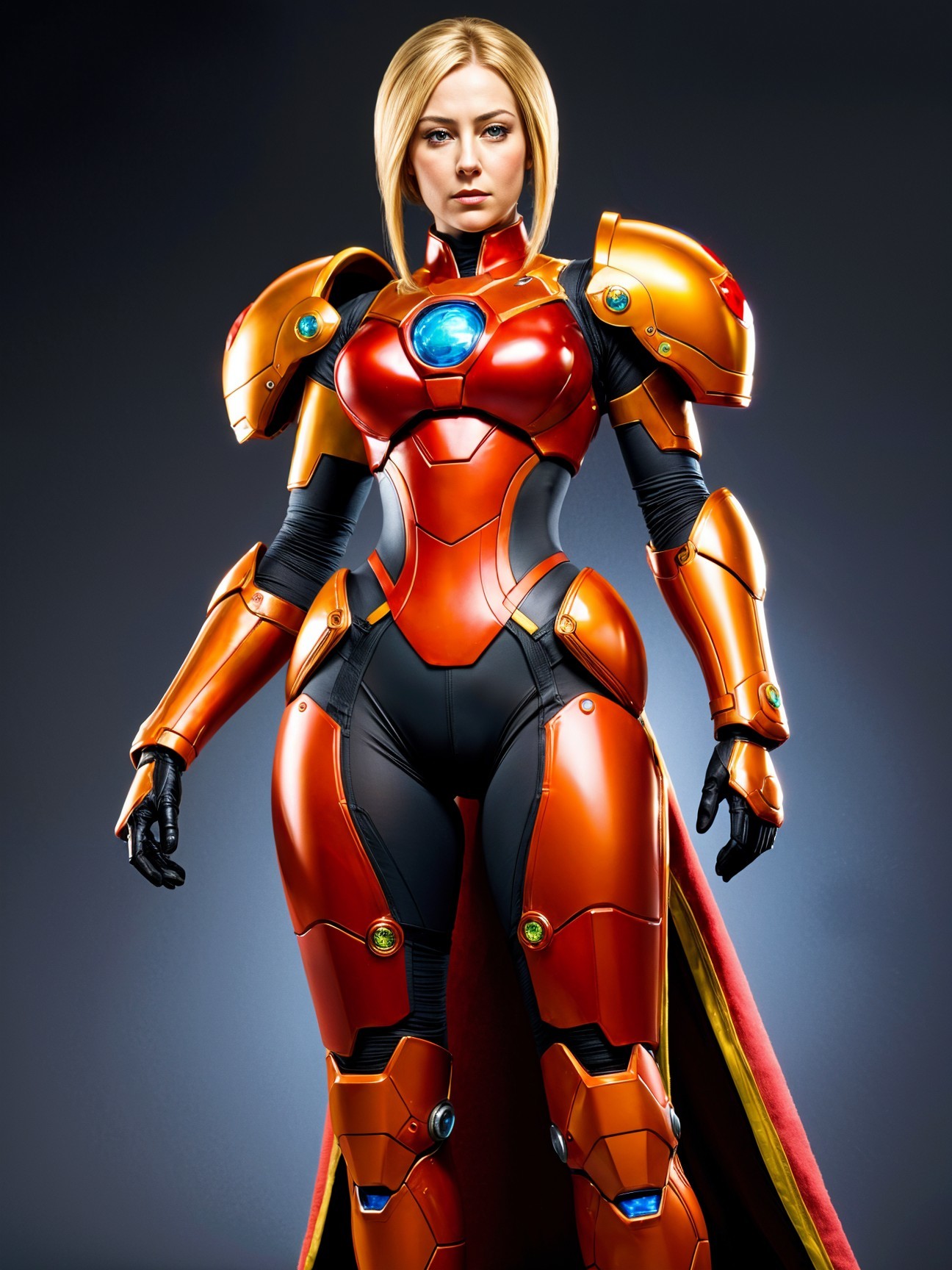 Female Character in High-Tech Orange Armor with Cape