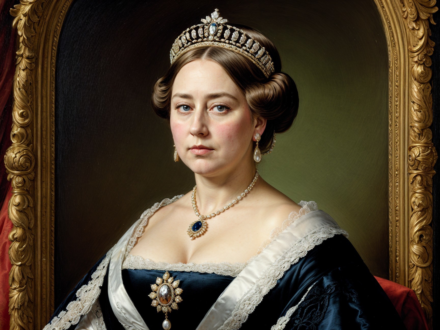 Regal Woman in Dark Gown with Elegant Jewelry