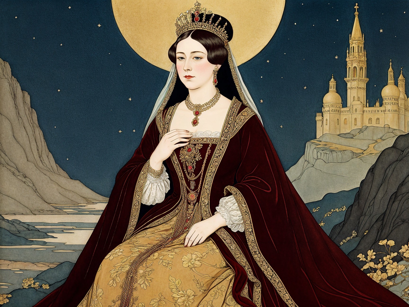 Regal Woman in Burgundy Gown Against Mystical Landscape