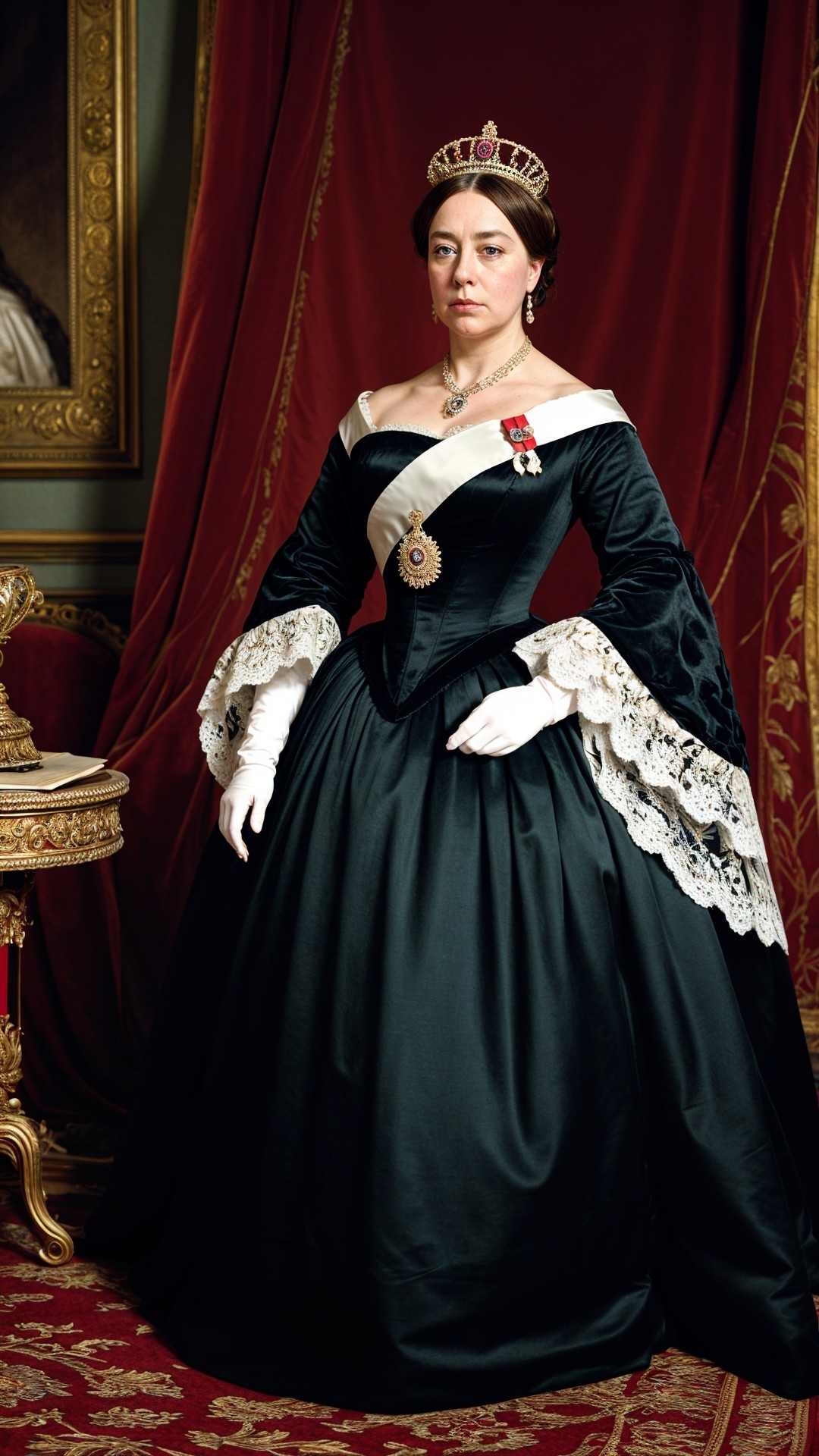 Regal Woman in Elegant Black Gown with Lace Details
