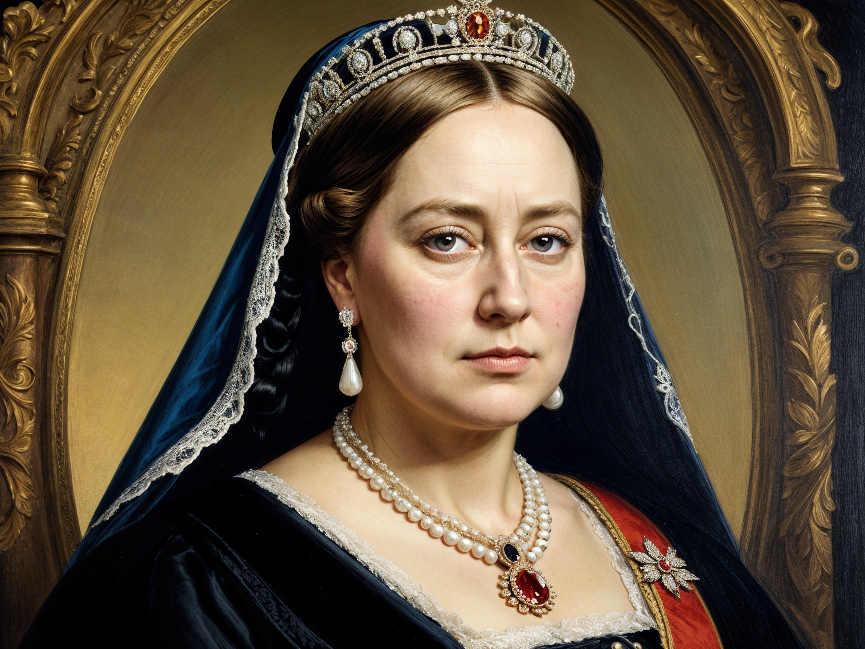 Regal portrait of a woman in crown and dark gown