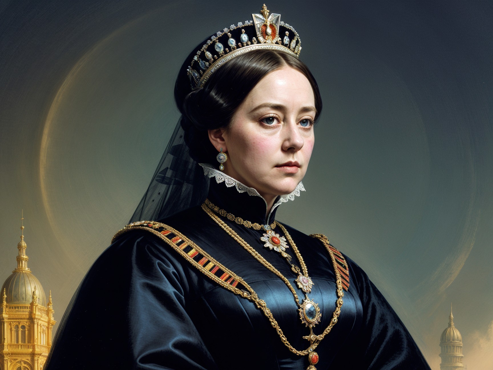Regal Woman in Ornate Black Gown and Jewelry