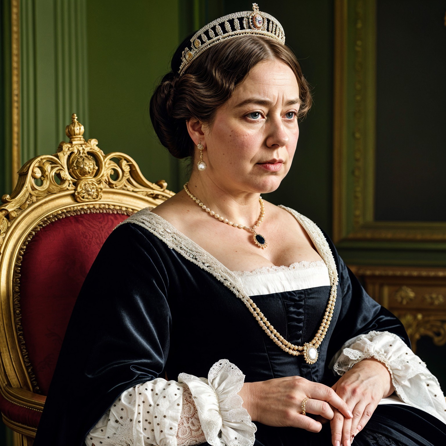 Regal Woman in Vintage Black Gown on Golden Chair