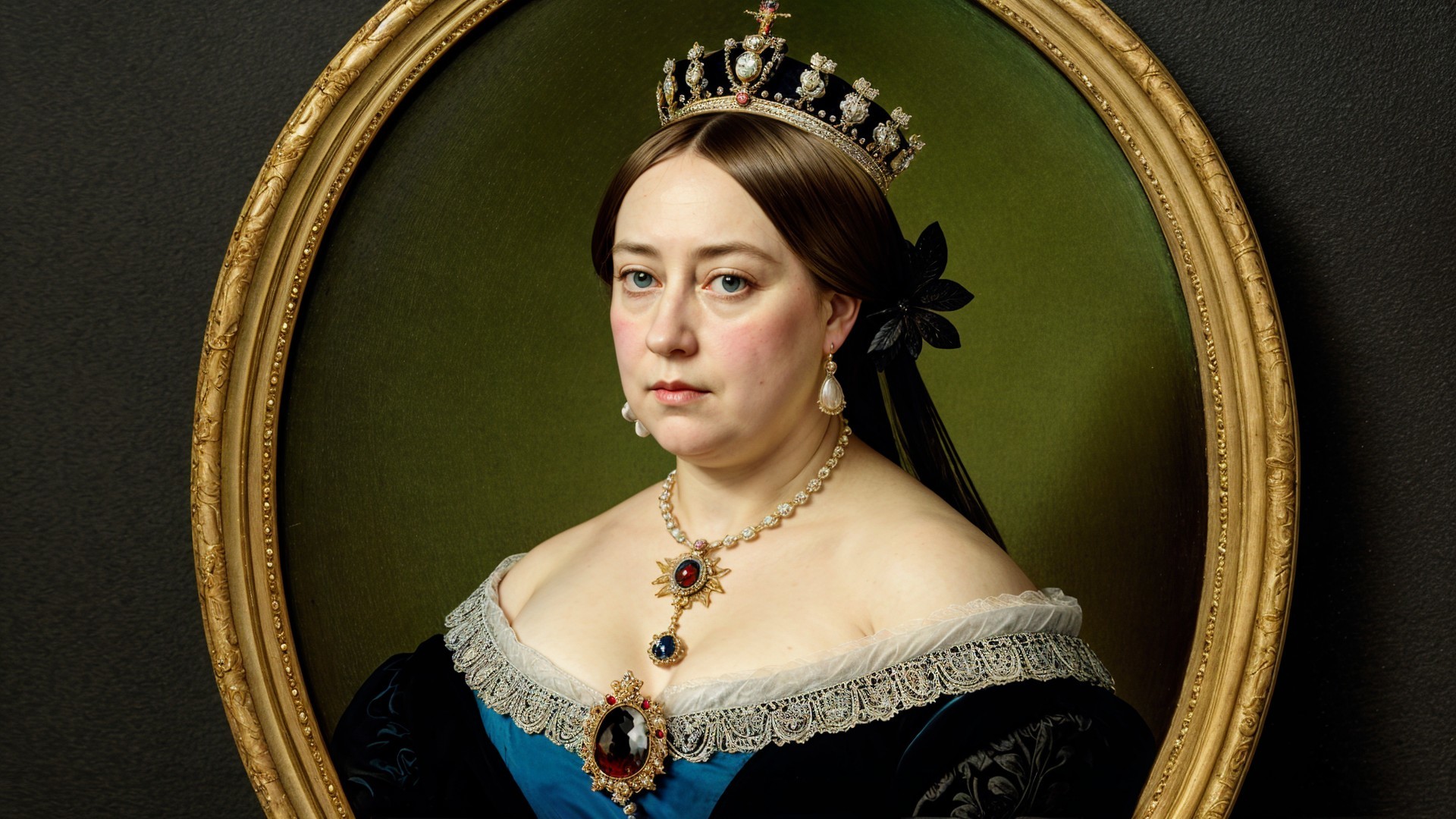 Regal Portrait of a Woman in Blue Gown and Crown