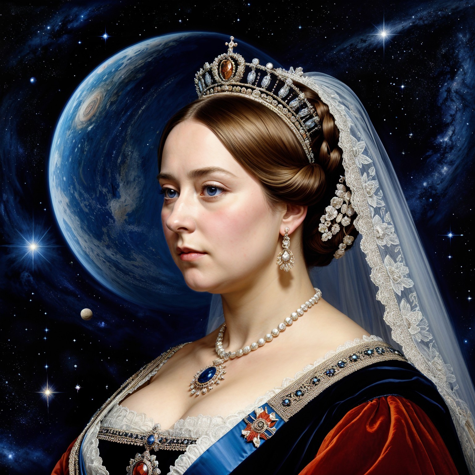 Regal Figure in Historical Gown Against Cosmic Backdrop
