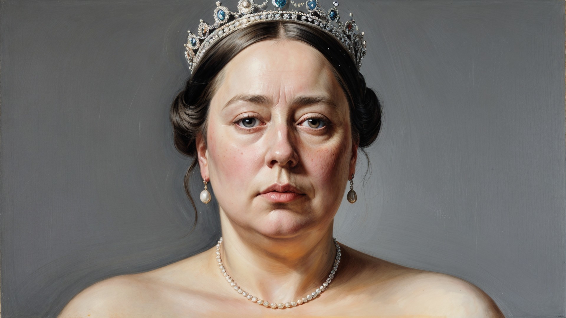 Regal Portrait of a Woman with Crown and Pearl Earrings