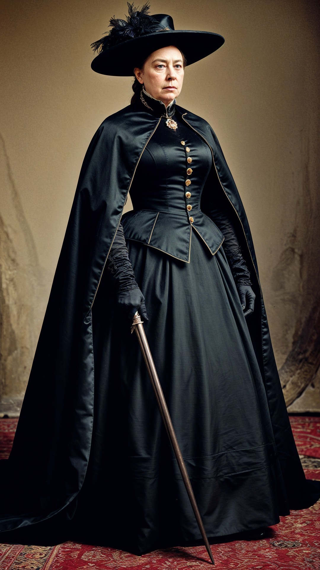 Elegant Woman in Dark Ensemble with Cape and Cane