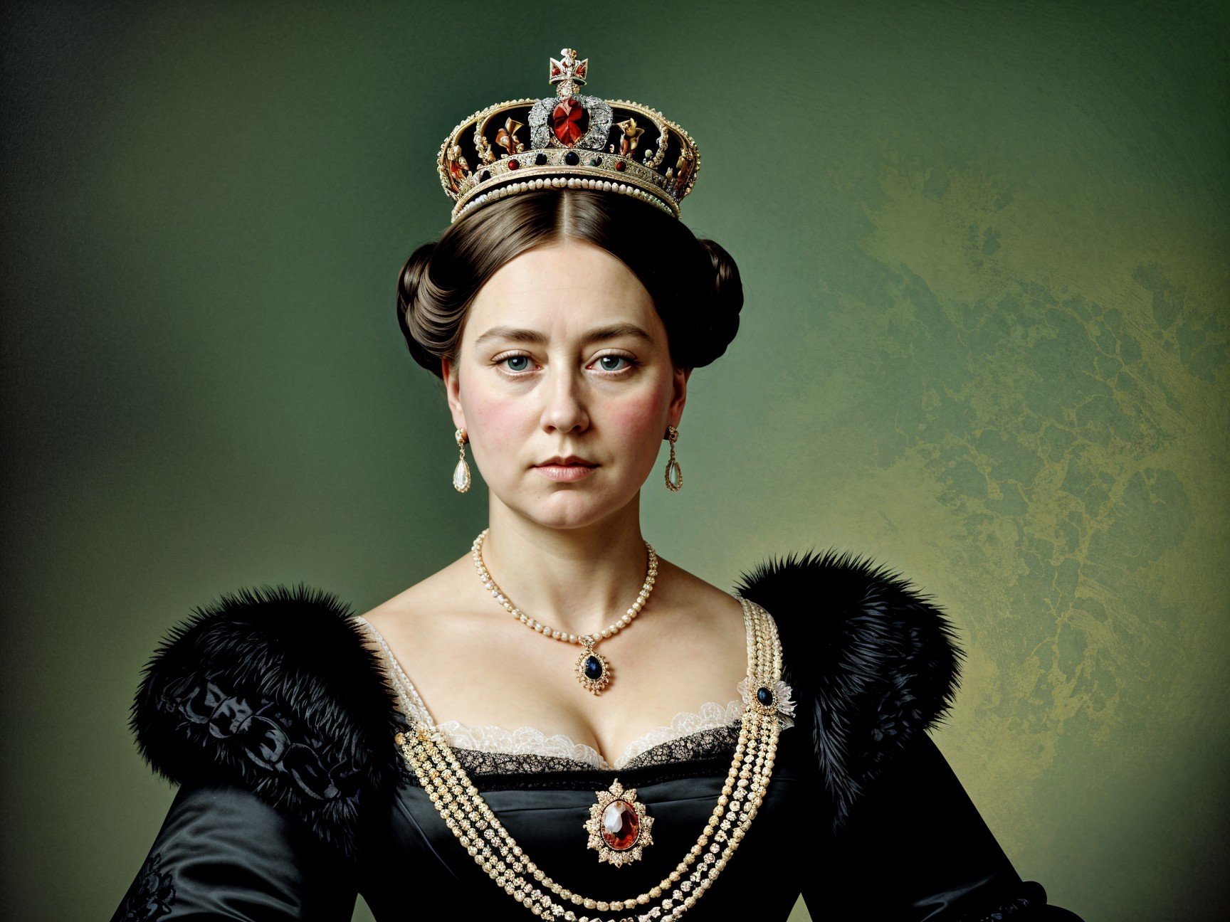 Regal Woman in Ornate Crown and Luxurious Dress