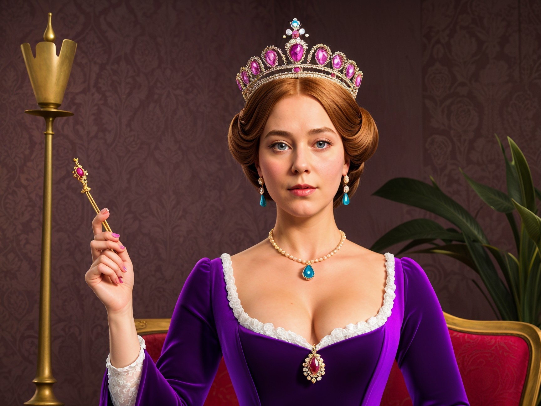 Young queen in royal attire with ornate crown and jewels