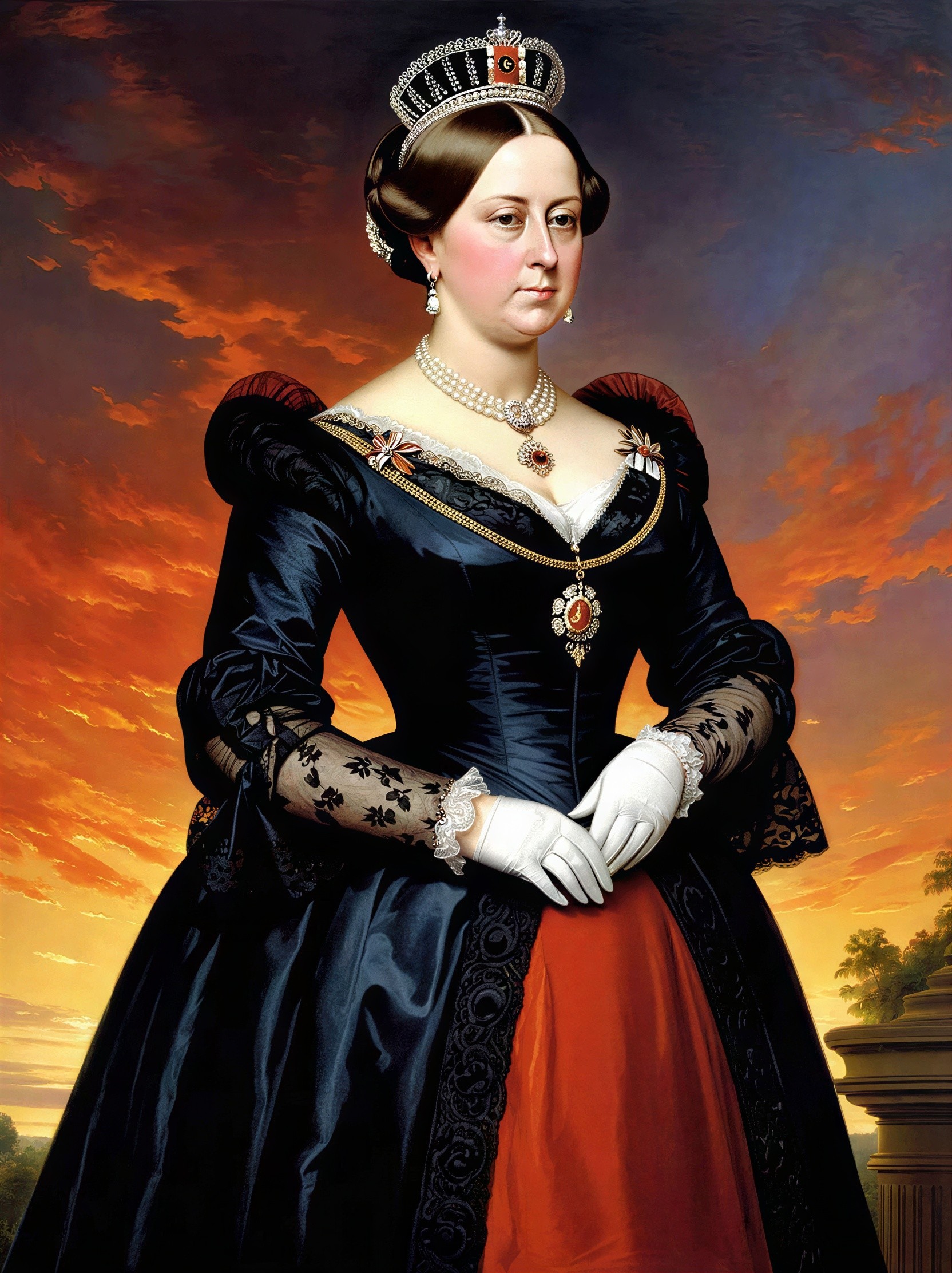Full-body portrait of a woman in a black gown