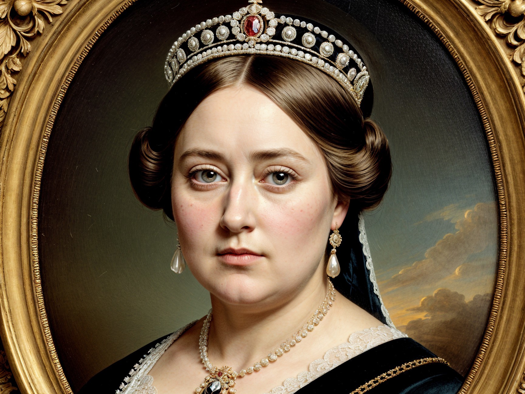Regal Woman Portrait with Crown and Dark Gown