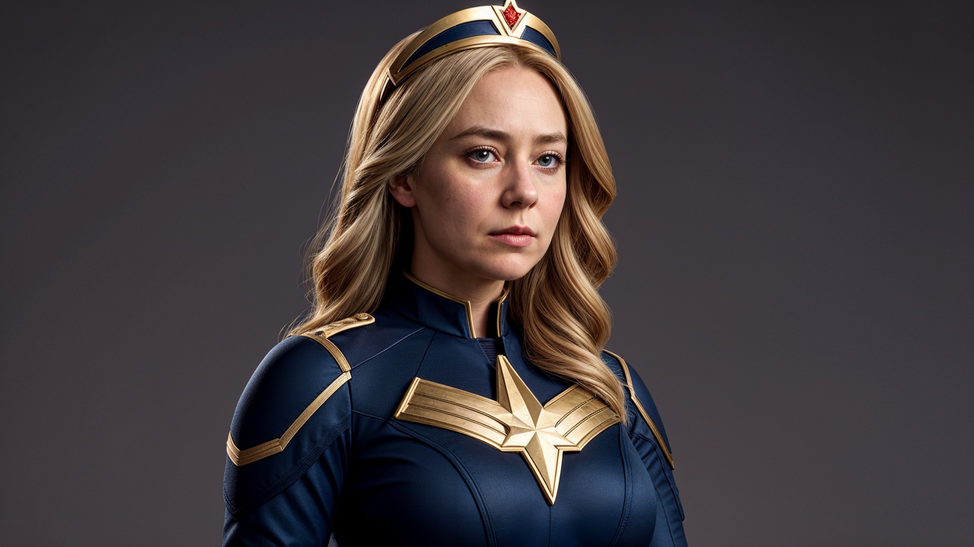 Woman in Navy Blue Superhero Costume with Gold Star