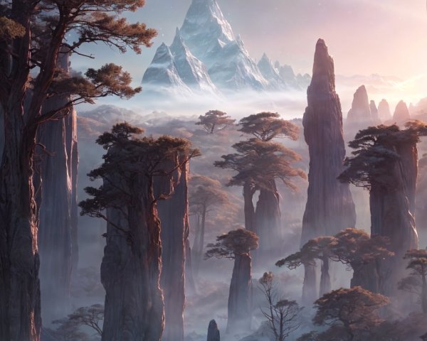 Fantastical landscape with ancient trees, misty forest, mountains, and large planet.