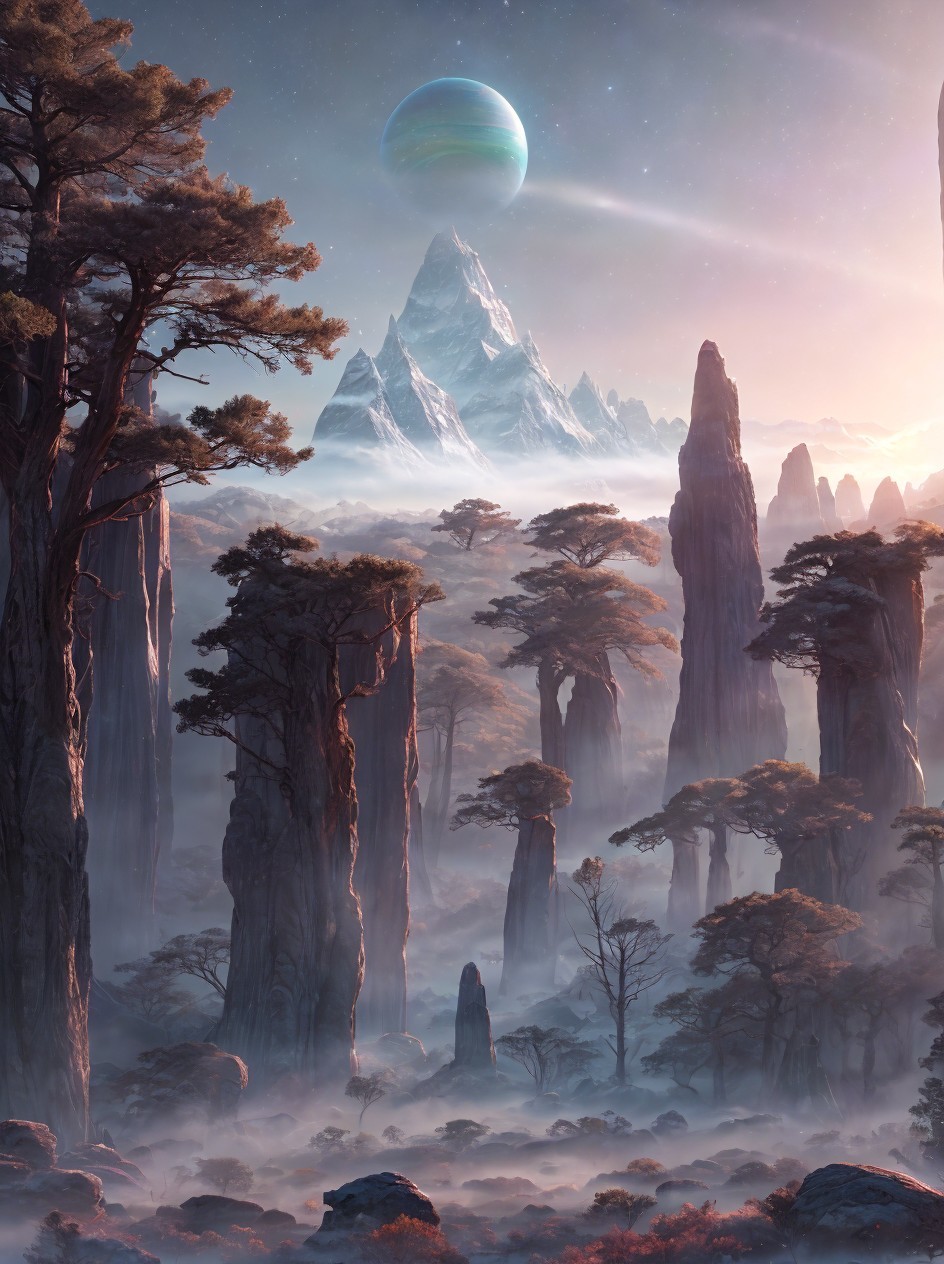 Fantastical landscape with ancient trees, misty forest, mountains, and large planet.