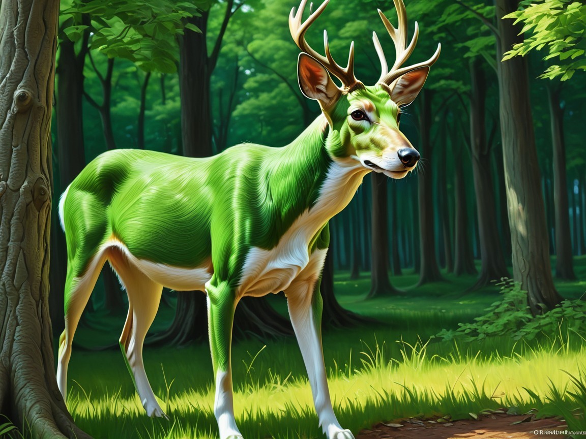 Vibrant Green Deer in a Sunlit Forest Setting