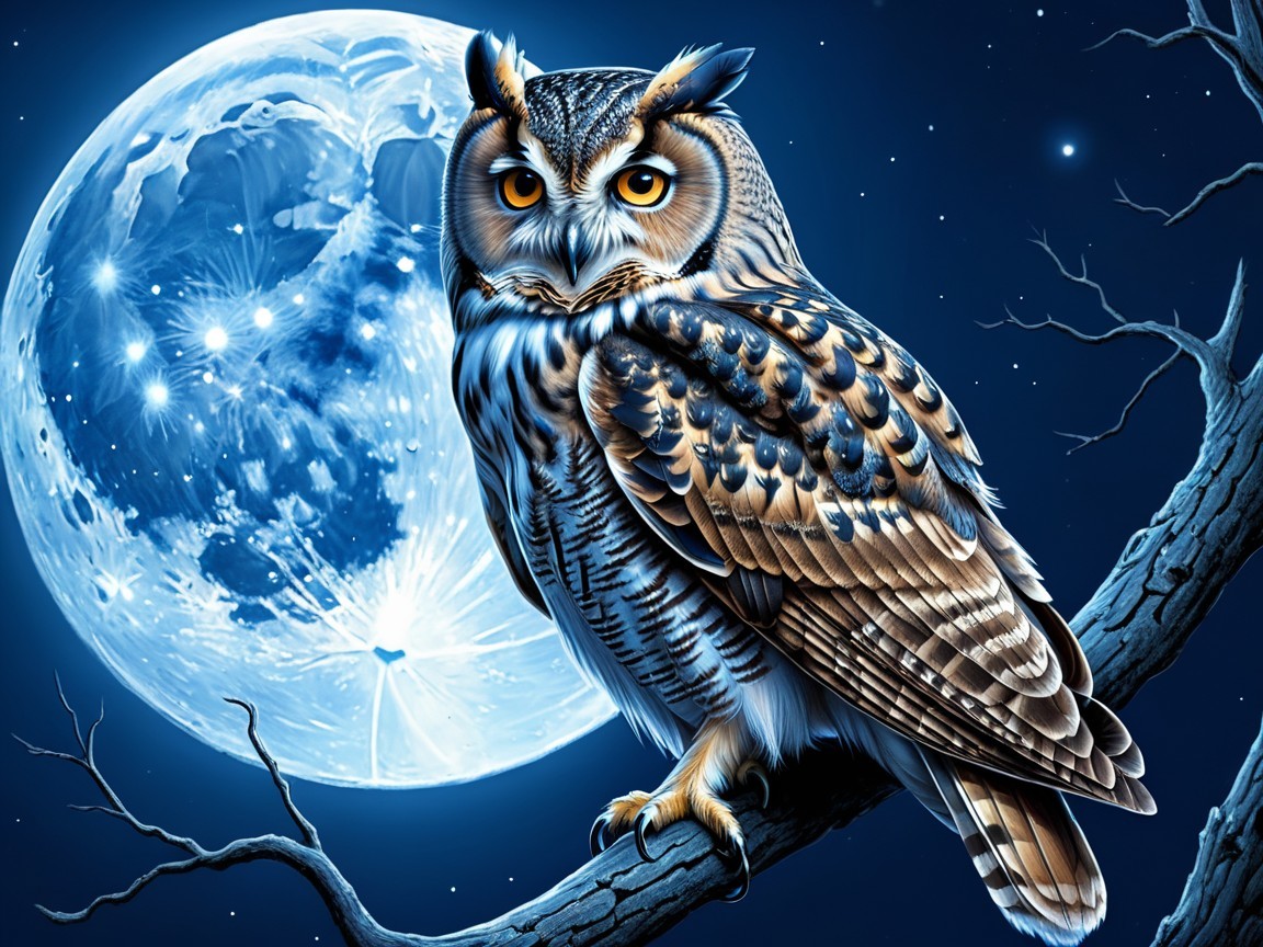 Majestic owl perched on branch under full moon
