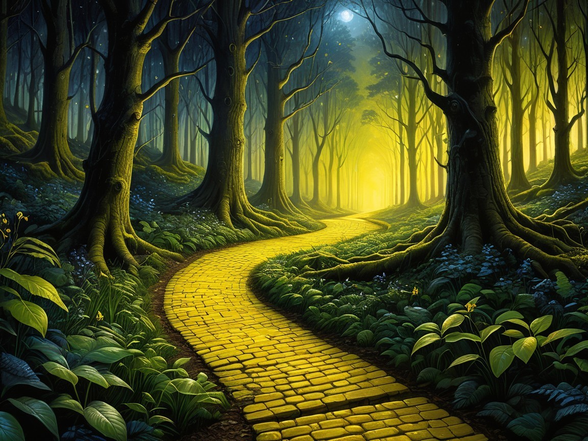 Mystical forest with yellow brick road and ethereal light