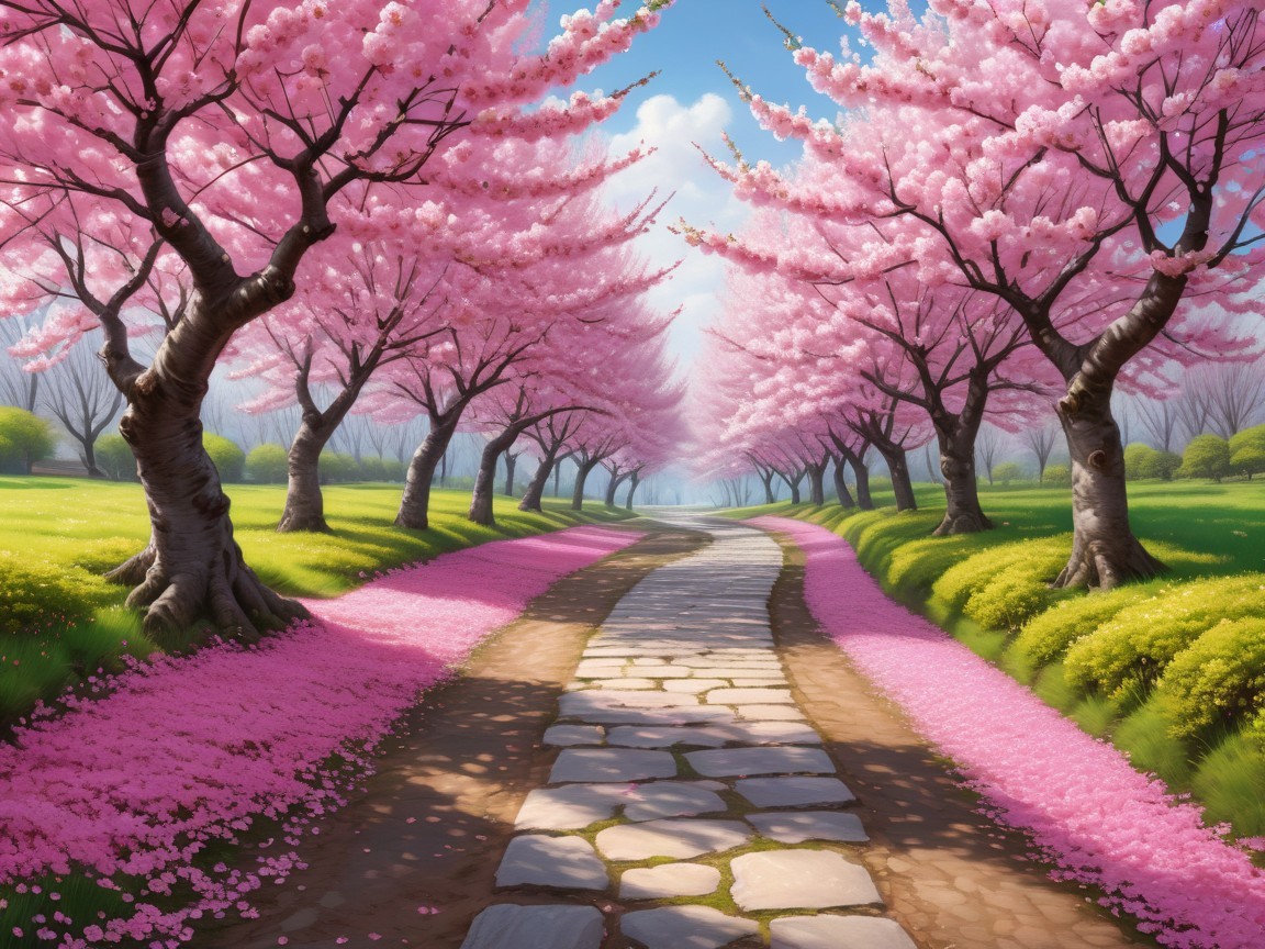 Cherry Blossom Pathway with Vibrant Pink Flowers