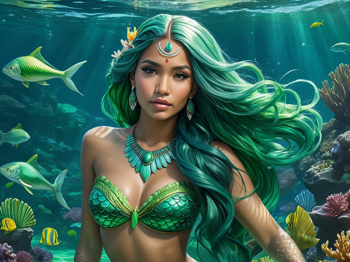 Mermaid with Green Hair in Vibrant Underwater Scene