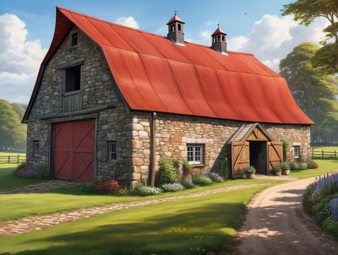 Rustic Barn with Stone Facade and Red Roof in Countryside