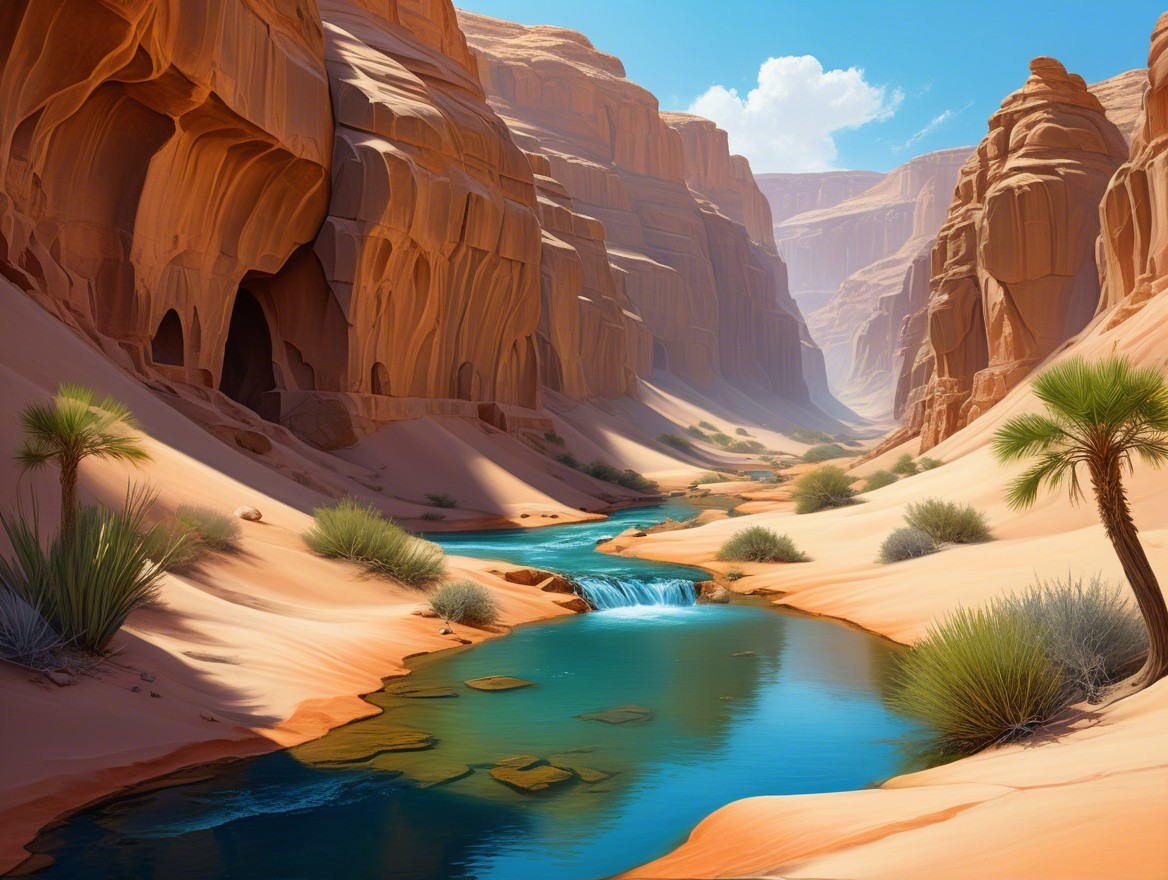 Desert Canyon Landscape with River and Red Rock Formations