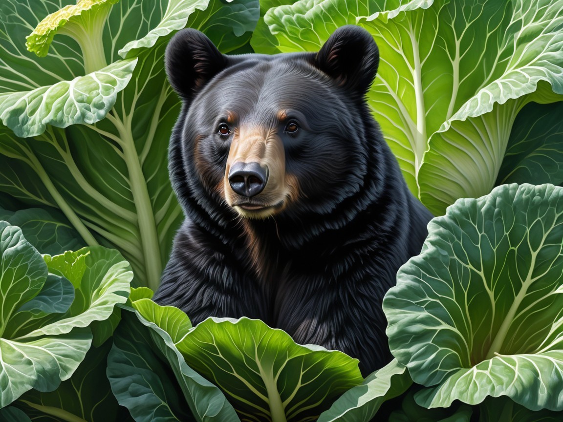 Black Bear Amidst Lush Green Cabbage Leaves