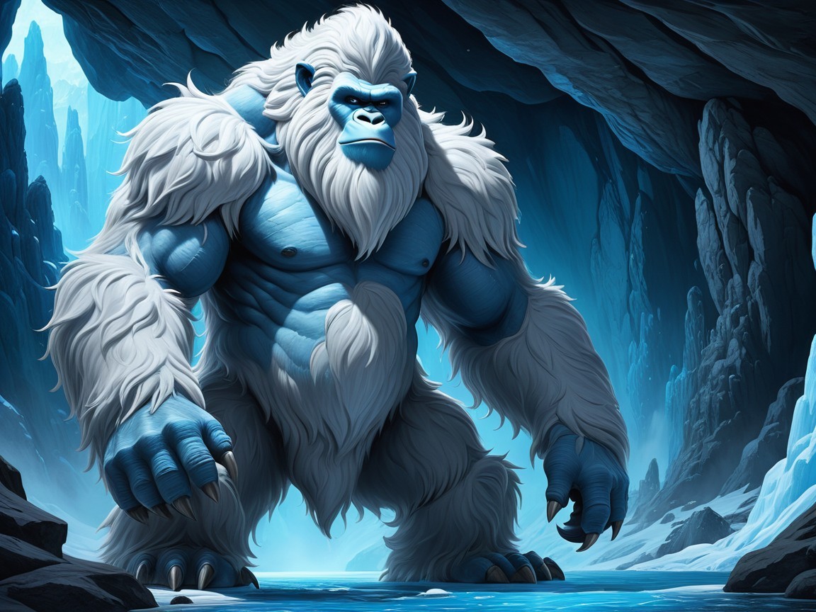 Yeti in Frozen Cave with Blue Skin and White Fur