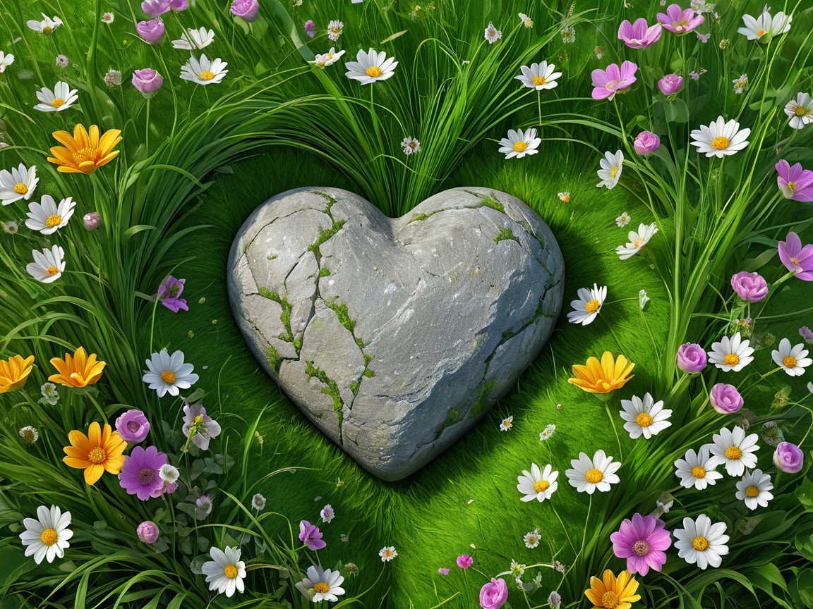 Heart-Shaped Stone in a Vibrant Meadow Setting