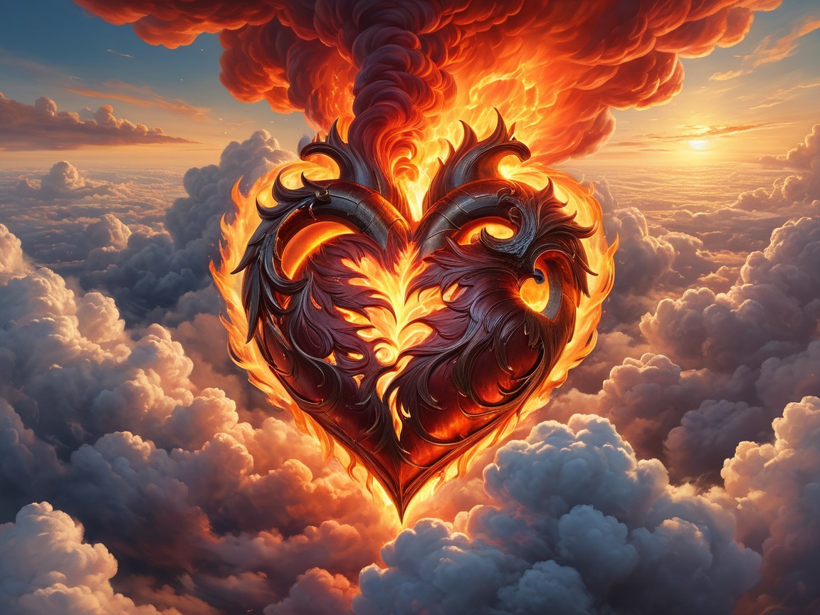 Fiery Heart Surrounded by Vibrant Sunset Clouds