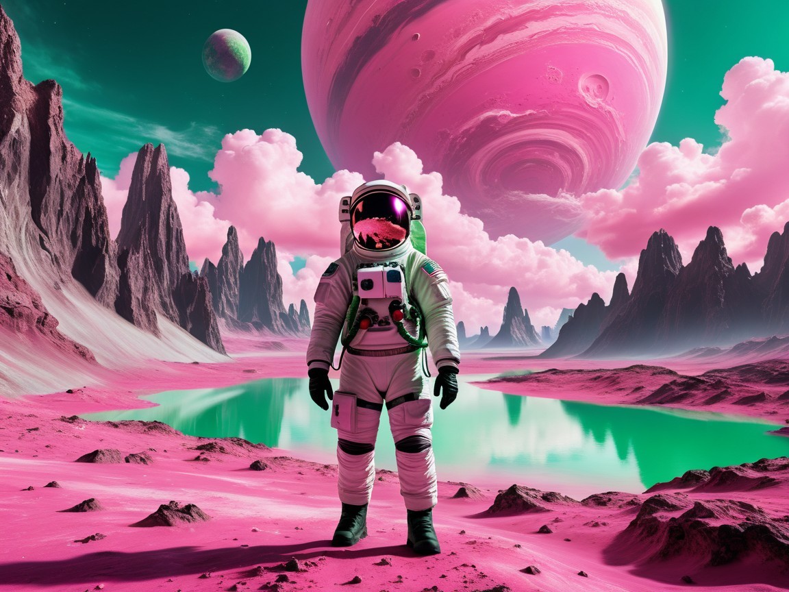 Astronaut in Vibrant Pink and Purple Alien Landscape