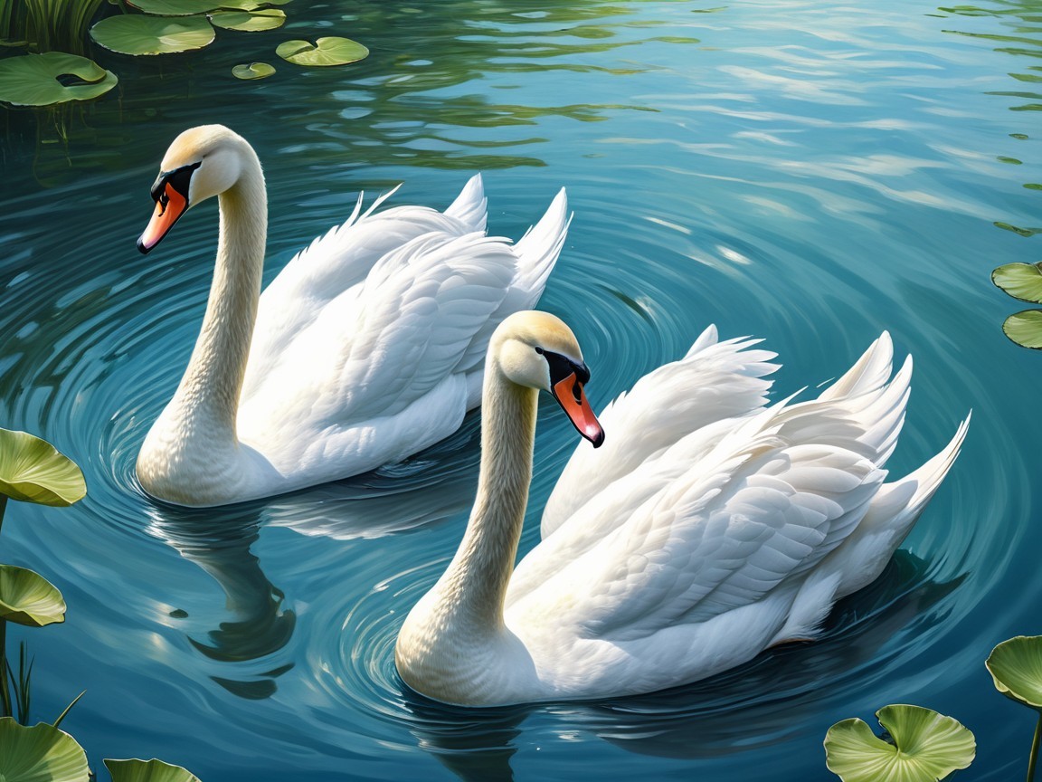 Elegant swans gliding on a serene blue pond