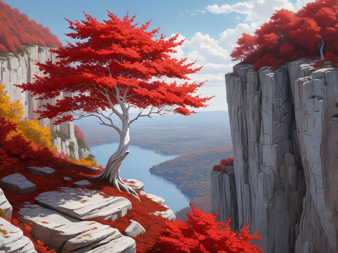 Vibrant Red Tree Overlooking Tranquil River Valley