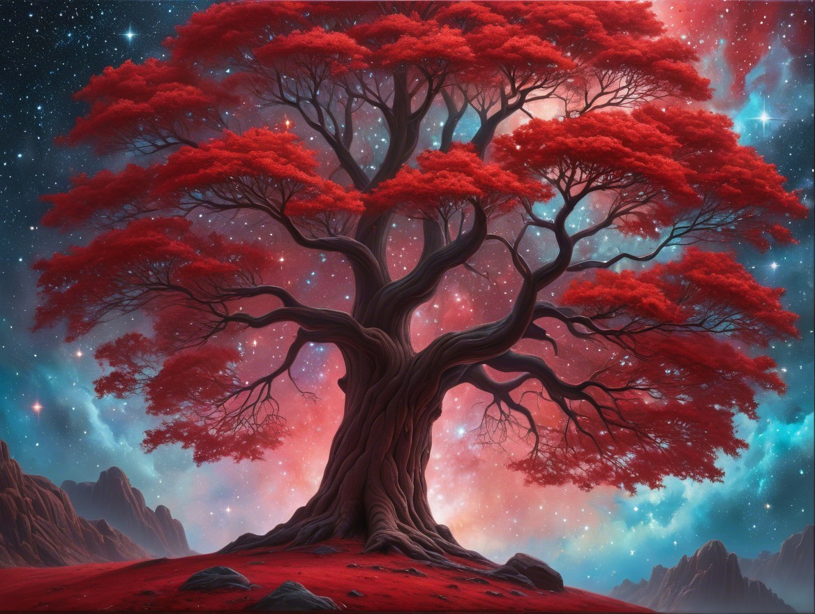 Majestic tree with red leaves in cosmic landscape