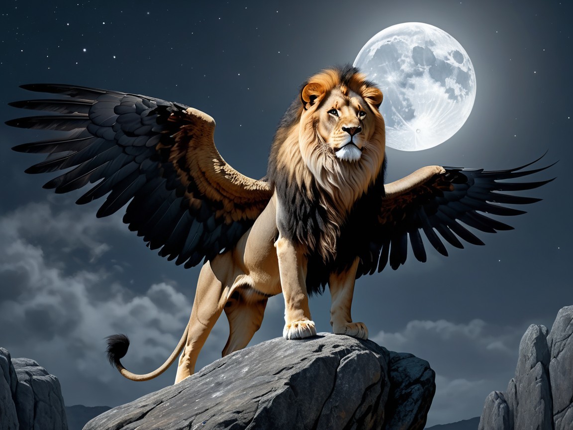 Majestic lion with wings against a starry night sky