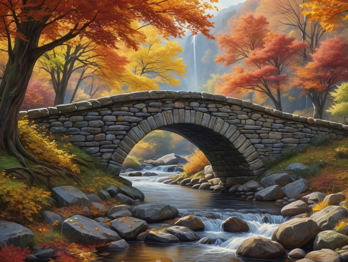 Autumn Landscape with Stone Bridge and Colorful Foliage