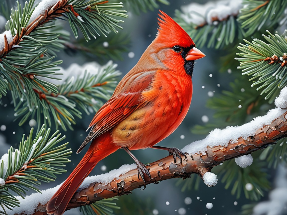 Red Cardinal on Snowy Branch with Pine Needles
