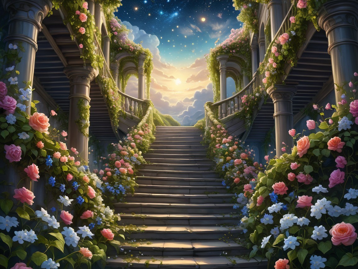 Detailed Garden Scene with Grand Staircase and Skies