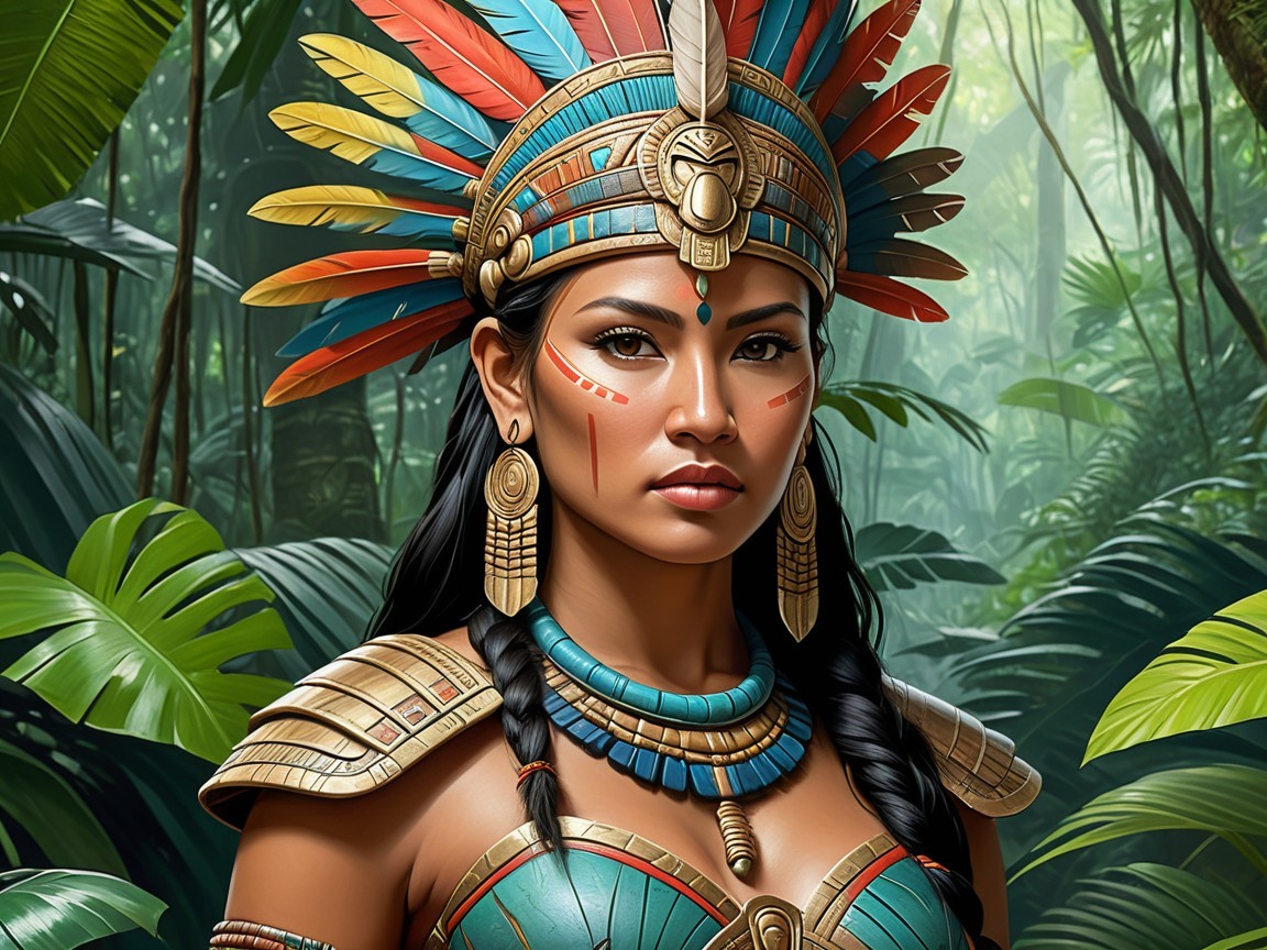 Warrior Woman in Tribal Armor Surrounded by Greenery