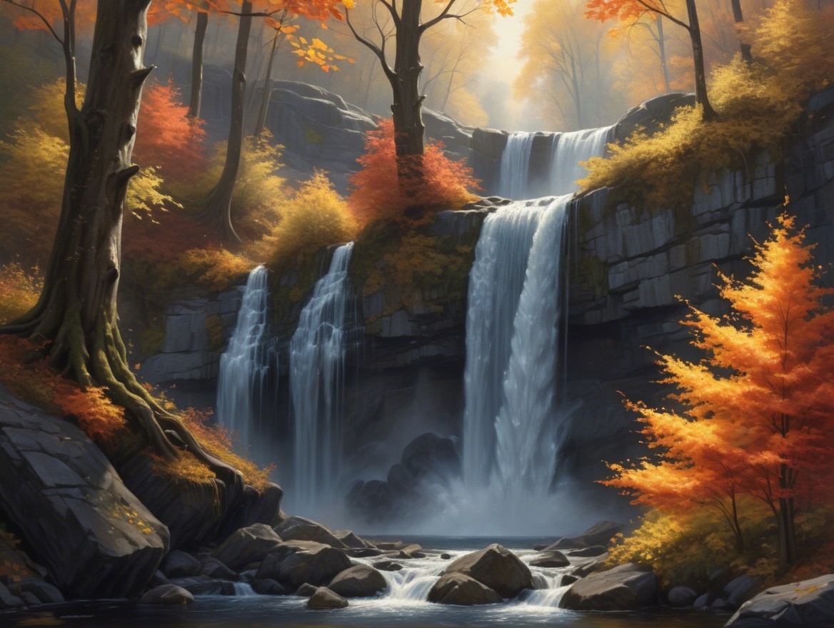 Autumn Landscape with Waterfall and Vibrant Foliage