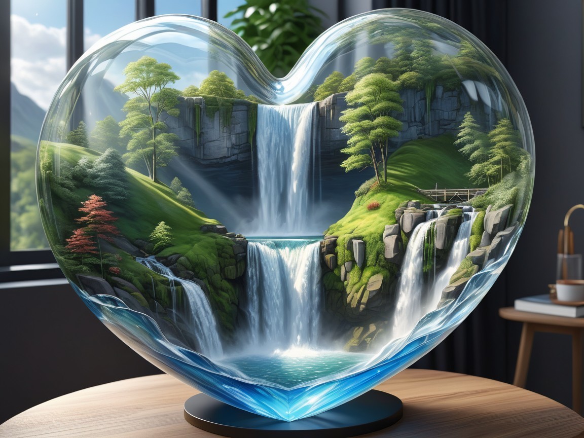 Heart-Shaped Glass Sculpture with Scenic Landscape