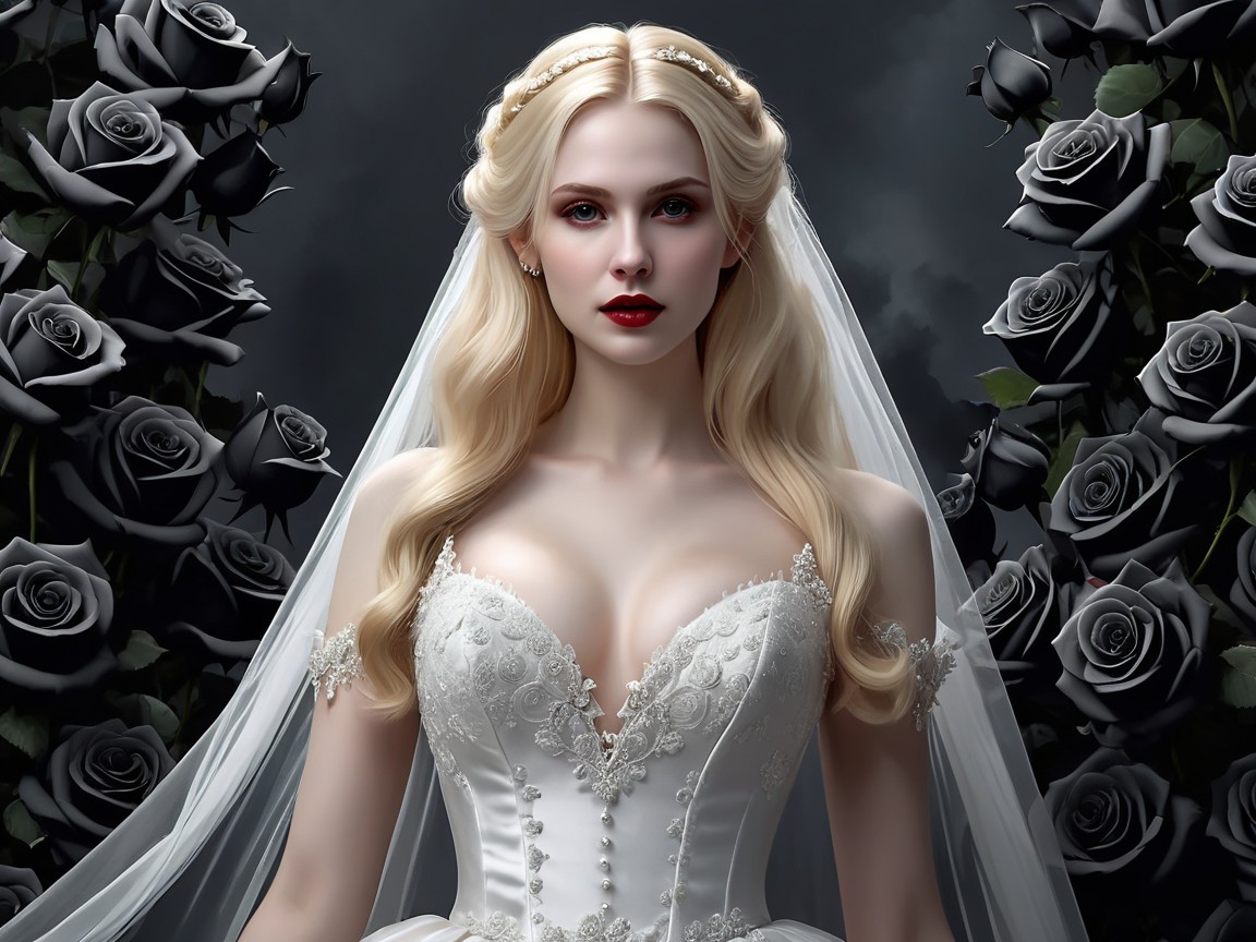 Elegant Bride in White Gown with Dark Roses Backdrop