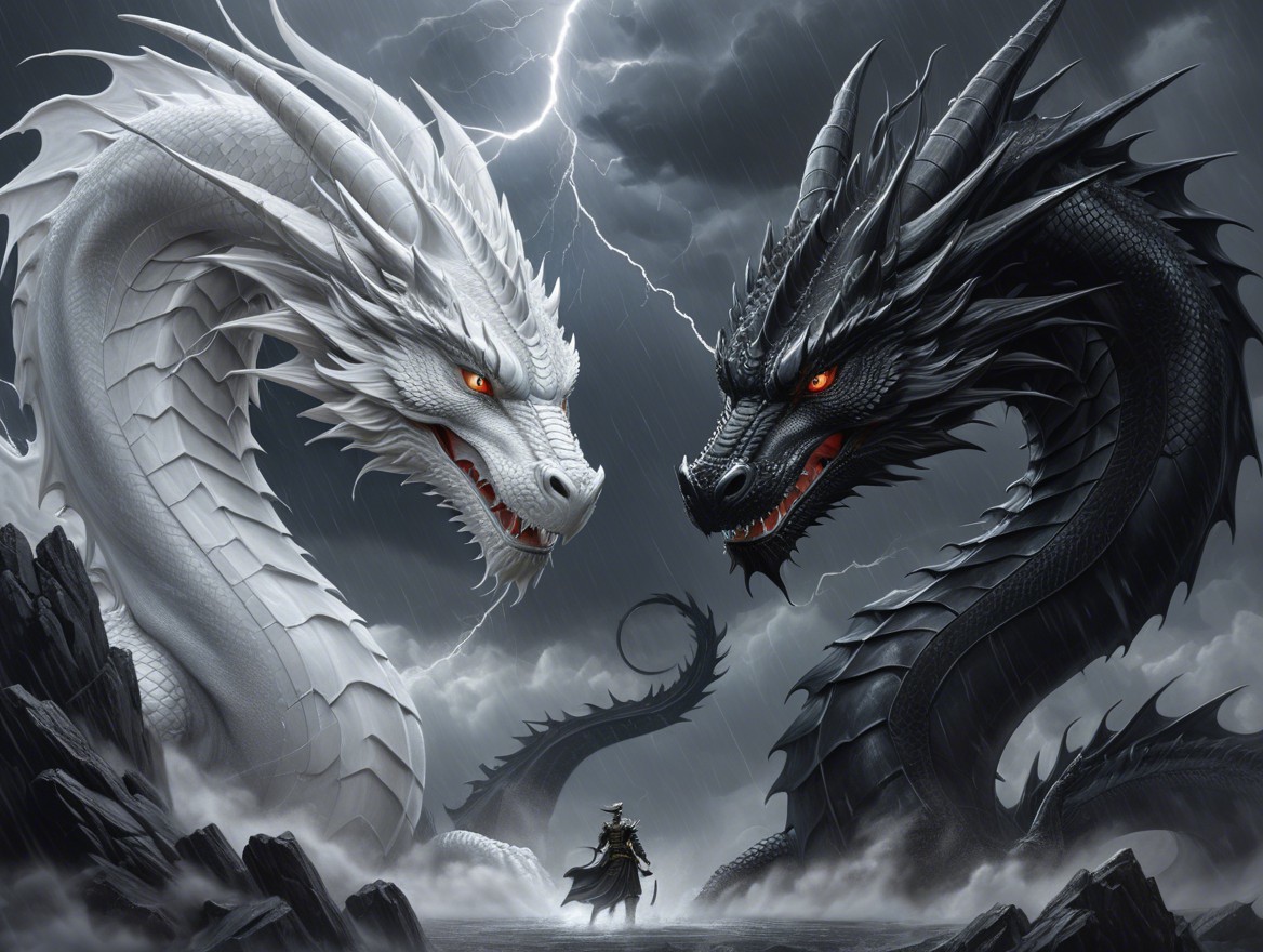 Dragons in Stormy Landscape Symbolizing Light and Darkness