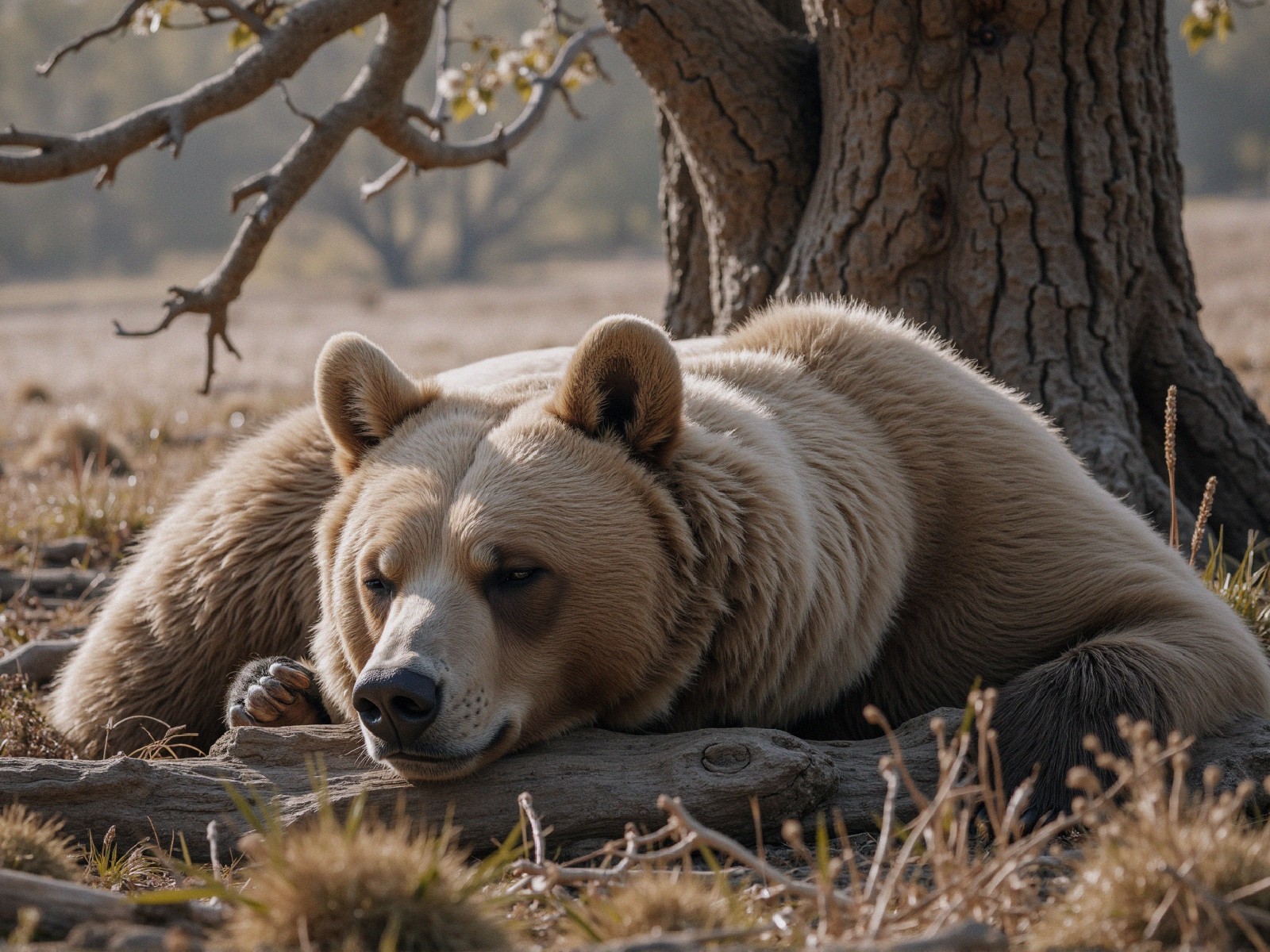 Large Brown Bear Relaxing on a Fallen Log