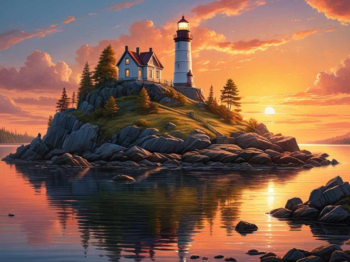 Lighthouse on Rocky Island at Vibrant Sunset