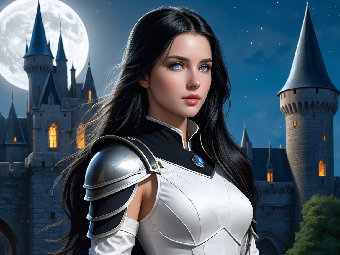 Female Warrior in Armor Before Castle at Night