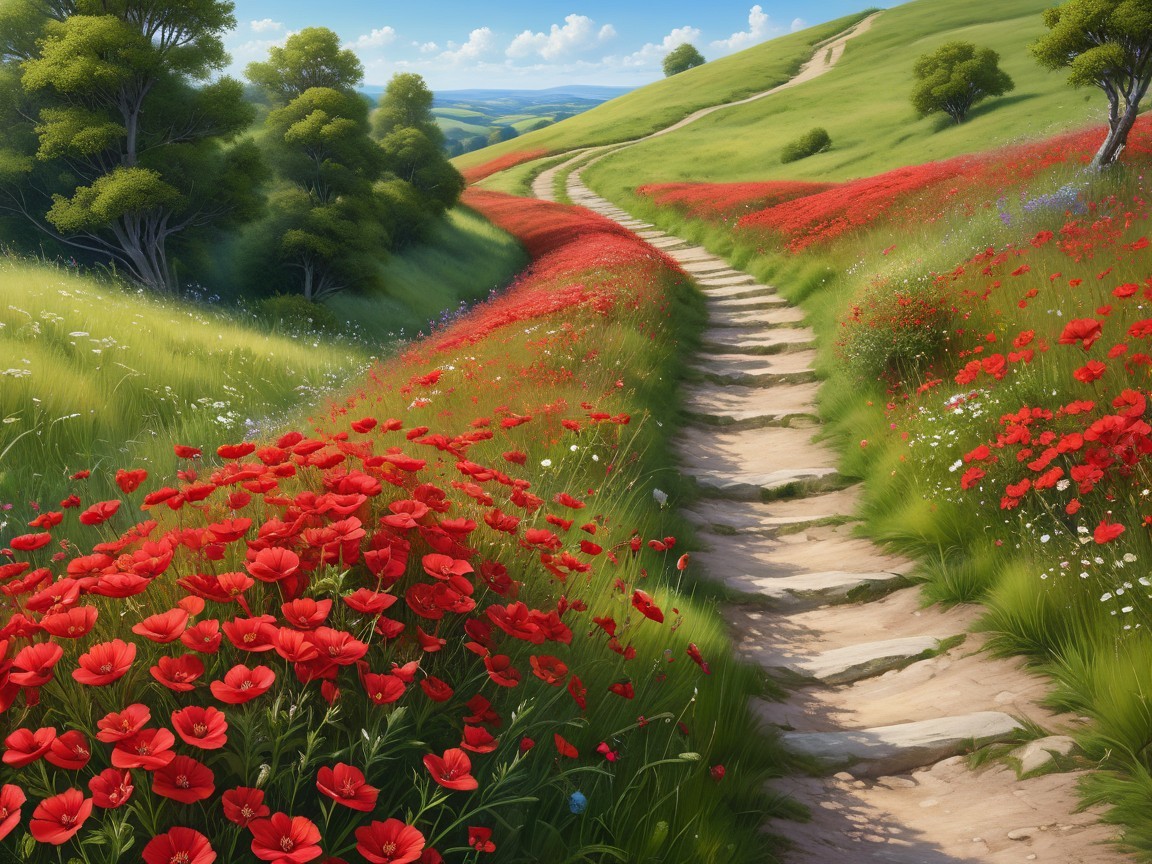 Tranquil Landscape with Winding Pathway and Wildflowers